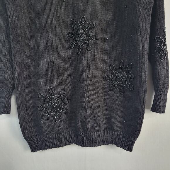 Vintage Beaded Crew Neck Pullover Sweater size S black 80s 90s ramie blend, New - Picture 3 of 8